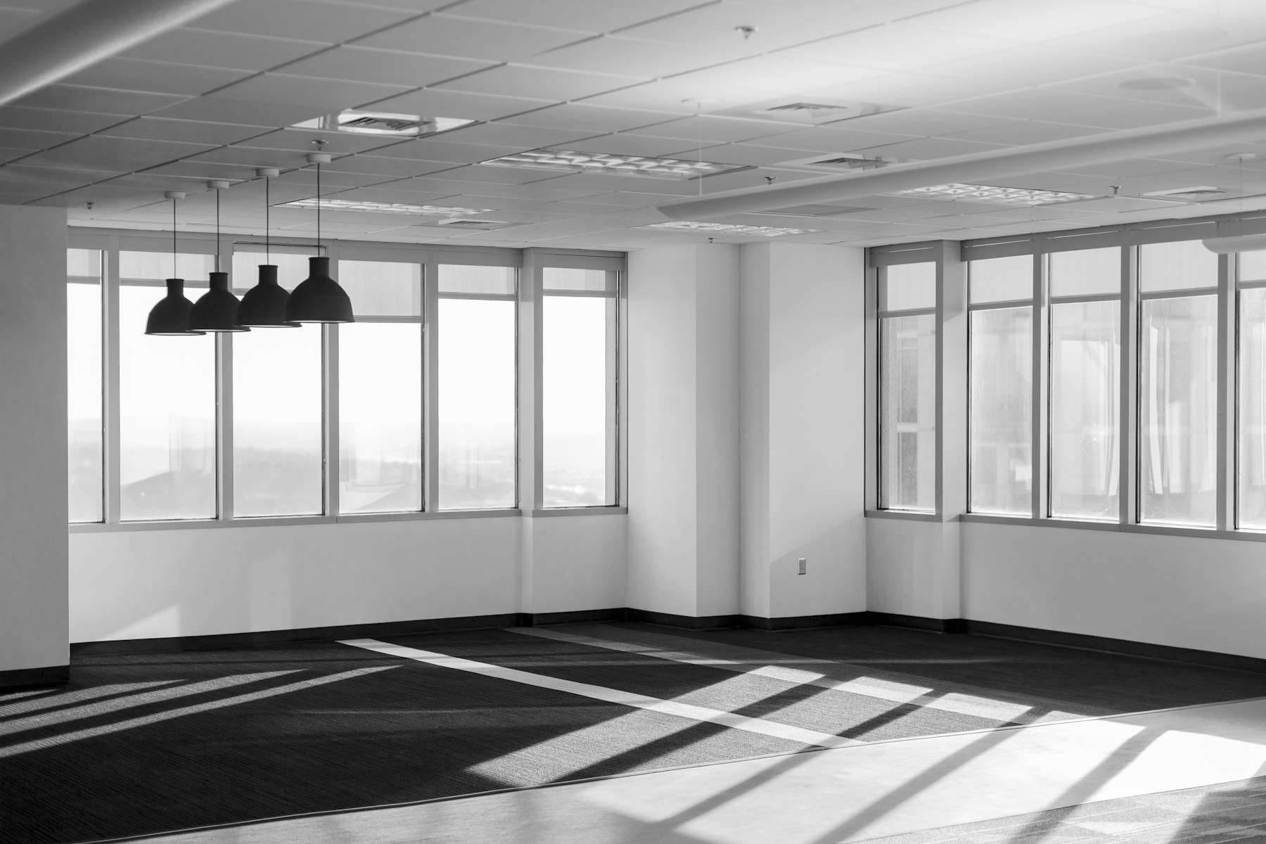 A bright, empty office floor with sunlight across the carpet